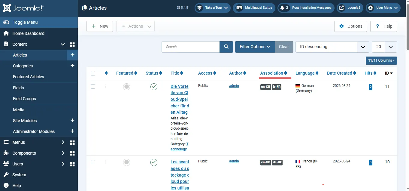 Joomla Multilingual Associations