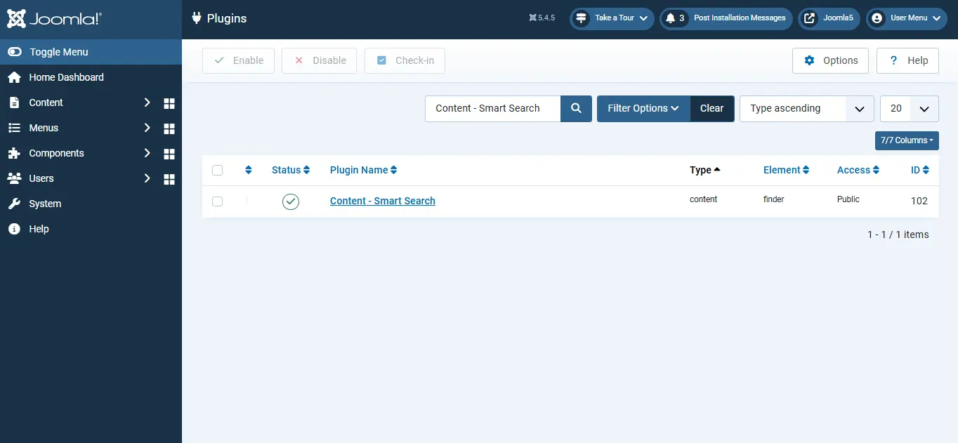 Enable Joomla Smart Search Plugin